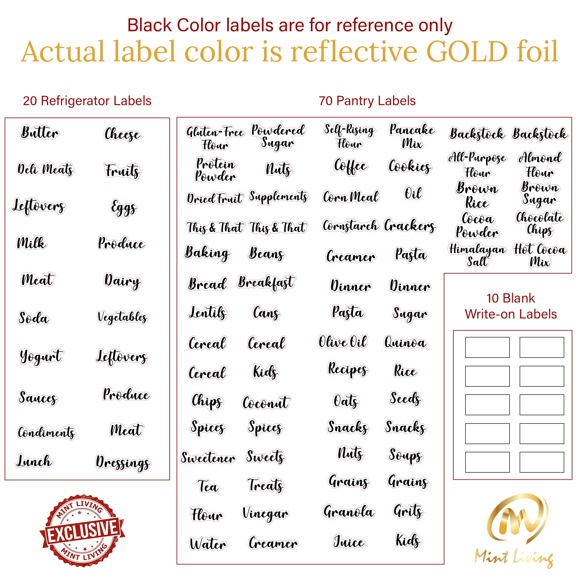 Mint Living Gold Pantry Labels 100 (90 Preprinted +10 Blank) Kitchen Labels - Glossy Water Resistant Sticker for Kitchen & Fridge Pantry Organization ...