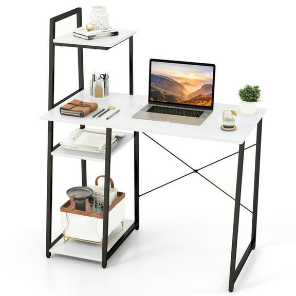 GVN Writing Desks,Compact Computer Desk Workstation with 4 Tier Shelves for Home and Office-White
