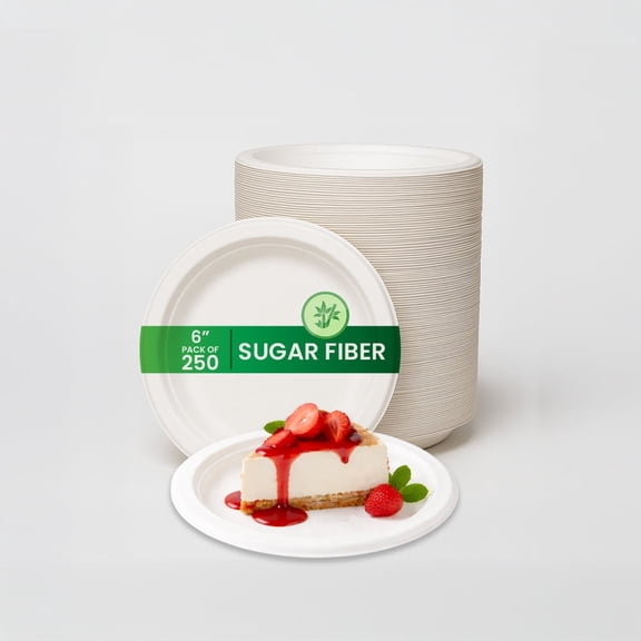 FPN Disposable Round Plates, 6 in, 250-Pack, Sugarcane, Compostable, Microwave-Safe for Events & Partiesngs, Events