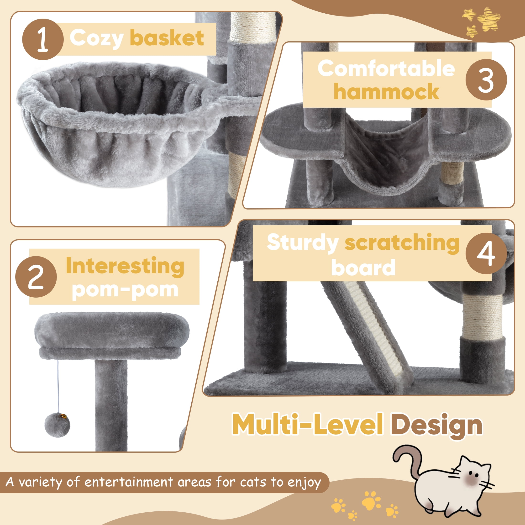 Einfach 65.7" Large Cat Tree and Tower for Cats, Condo House with Hammock, 2 Scratching Boards & 5 Scratching Posts, Gray