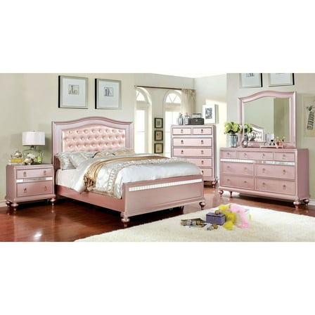 Contemporary Rose Gold Twin Size Bed 6pc Set Dresser Mirror Nightstand Chest Padded HB Tufted Bedroom Furniture Solid wood