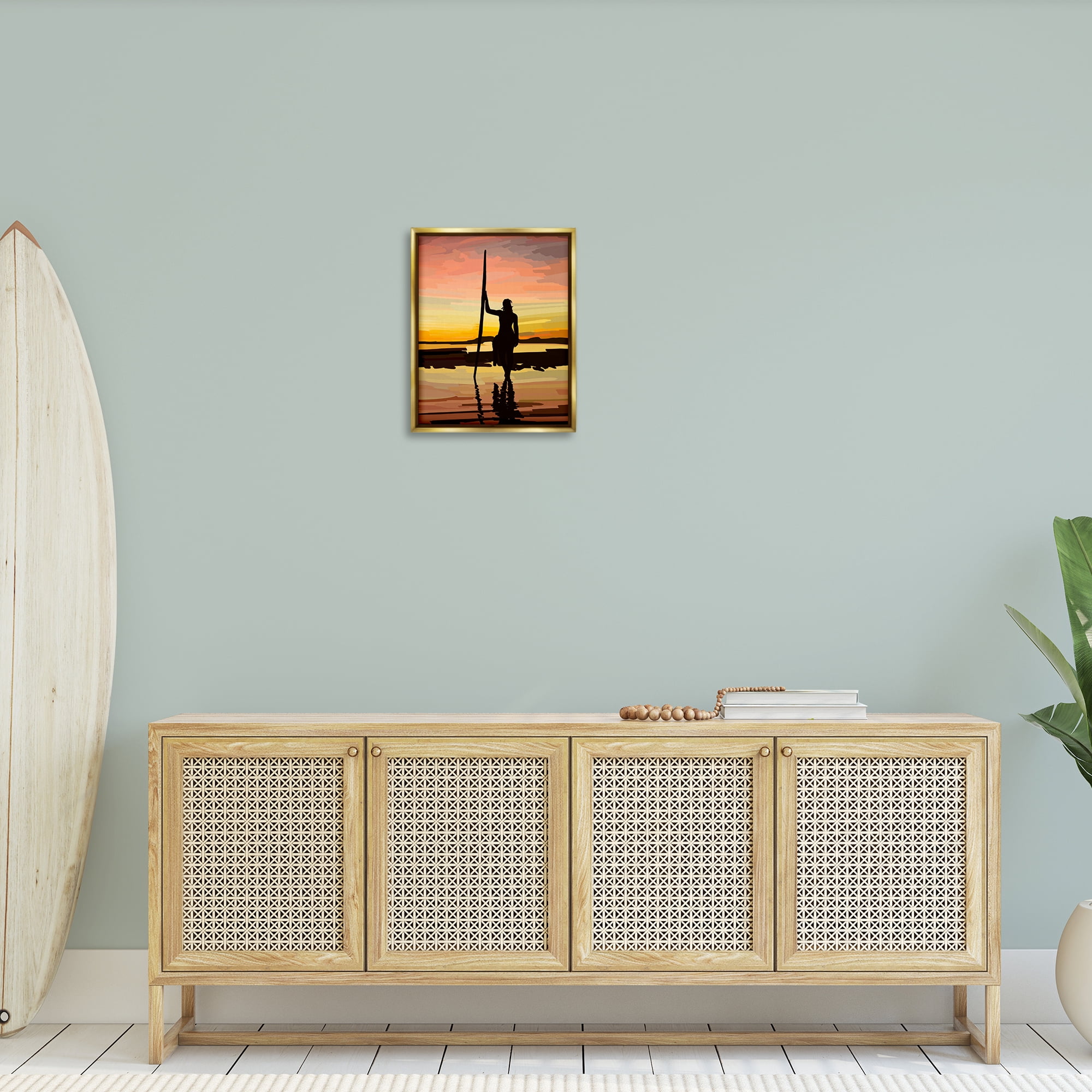 Stupell Industries Sunset Surfer Silhouette Nautical & Beach Painting Gold Floater Framed Canvas Art Print Wall Art, 17 x 21