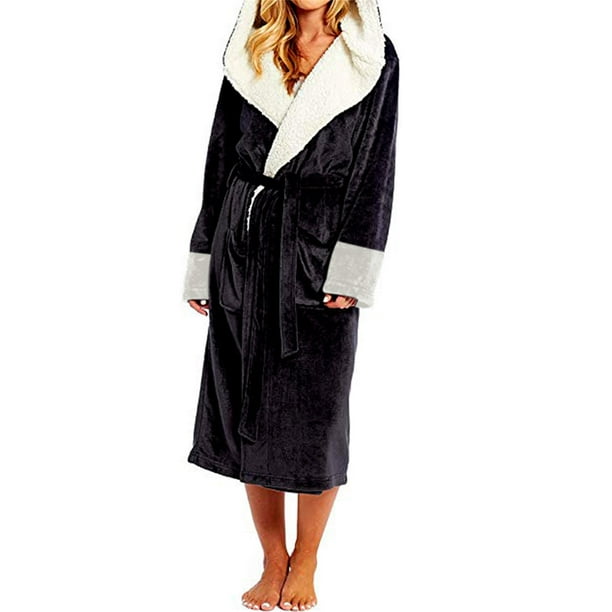 GoodLife Women Bathrobe Flannel Warm Long Robe Waist Laceup Pocket