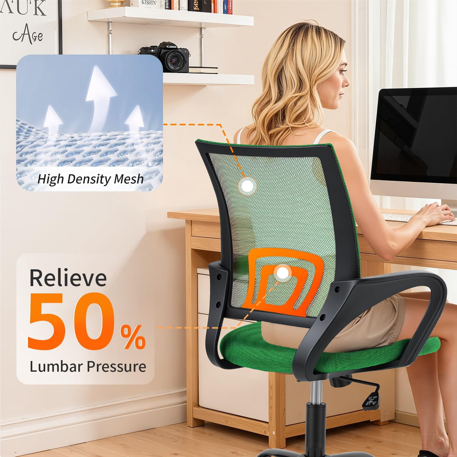 BestOffice Ergonomic Office Chair, Lumbar Support, Adjustable Height with Armrests for Adults(Green)