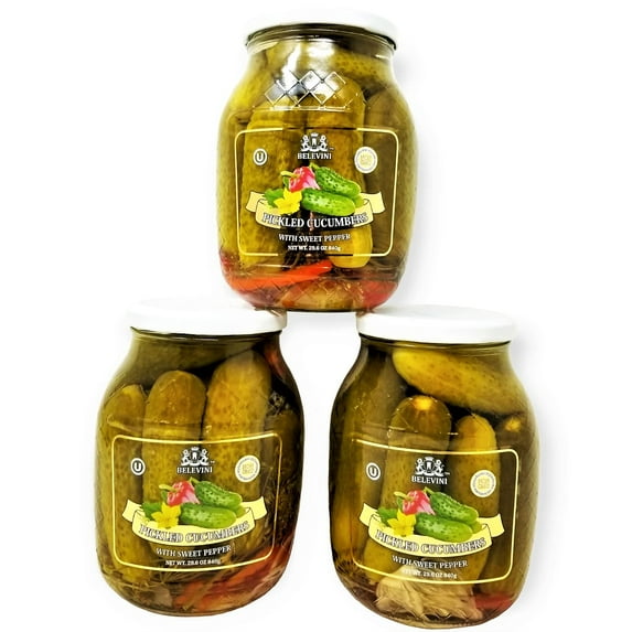 Belevini Pickled Cucumbers with Sweet Pepper, Kosher, Vegan, Non-GMO, 29.6oz/840 grams, Pack of 3