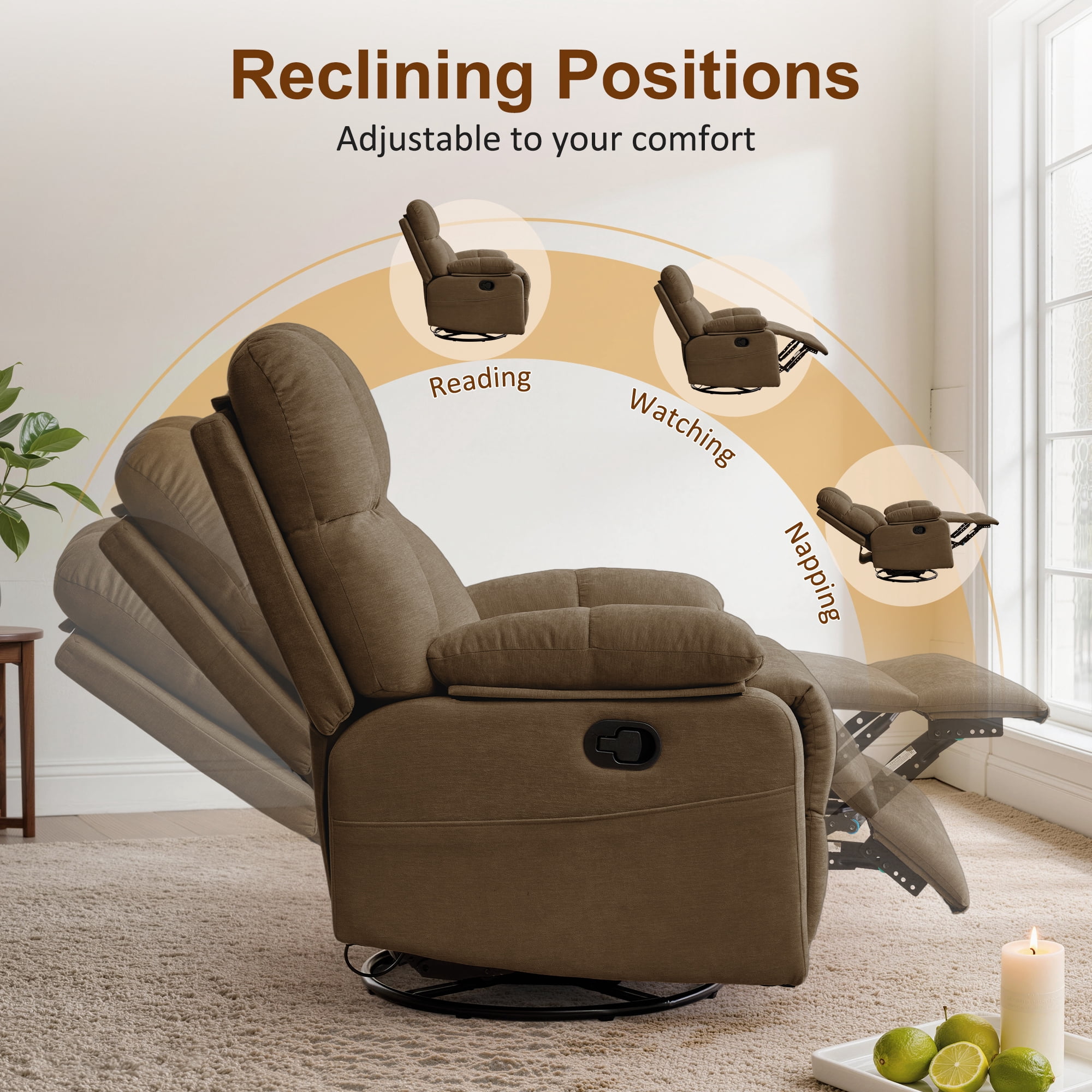 GEEYOO Swivel Rocker Recliner Chair for Adults,360°Swivel Nursery Recliner with Side Pockets,Small Recliner Chair for Small Spaces for Living Room,Linen,Brown