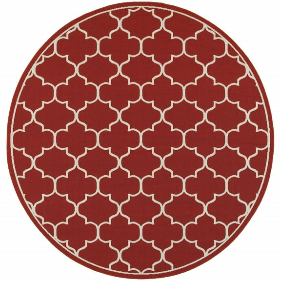 8â€™ Round Red and Ivory Trellis Indoor Outdoor Area Rug