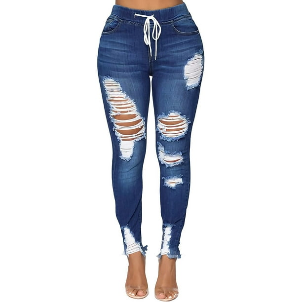 Plus Size Jeans for Women Stretch Ripped Tight-Fitting Hip All-Match  Drawstring Elastic Band Pants