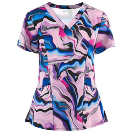 

FAFWYP Scrubs for Women Womens Professionals Scrubs Tops Summer Printed Nursing Shirt Short Sleeve V Neck Tunic Workwear Blouse Mock Wrap Medical Working Uniform with Pockets