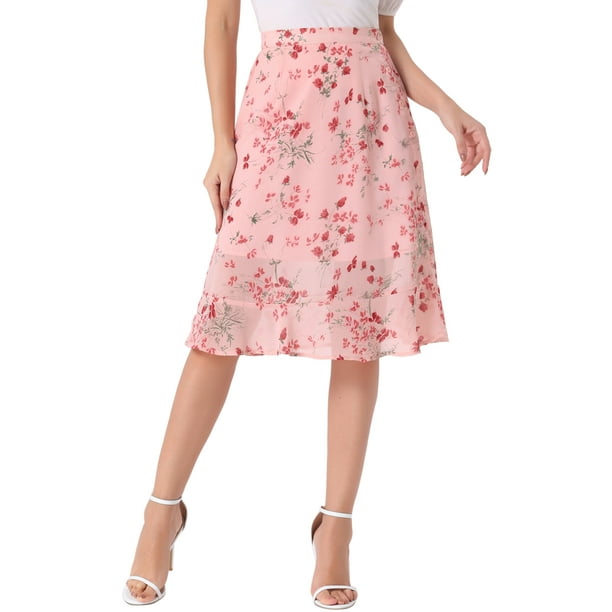 Faldas midi florales para mujer Inspire Chic, con volantes, cintura alta, fluida, en línea A, con abertura, de longitud hasta la rodilla, XL, rosa claro