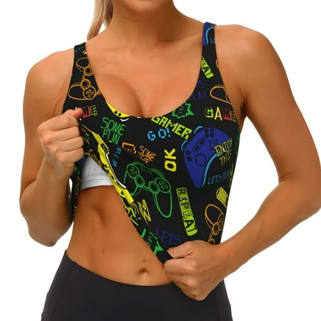 Qokaie Game Play Pattern Womens Scoop Neck Sports Bra Breathable Workout Vest Padded U Back Medium Impact Fitness Gym Yoga Bra Workout Crop Top