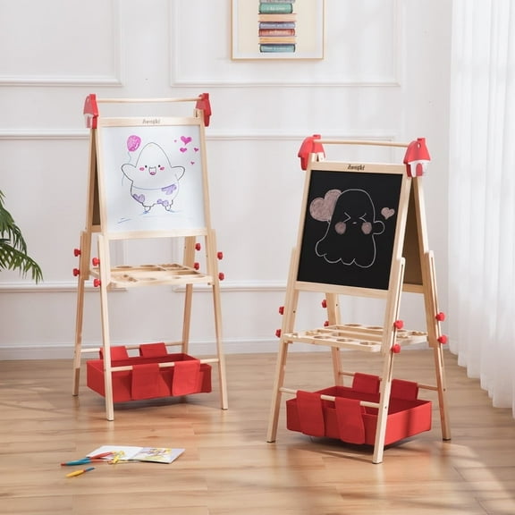 Kids Art Easel with Storage Drawer & Paper Roll – Adjustable Wooden Double Sided Magnetic Easel for Kids Chalkboard Whiteboard Toddler Easel for Boys Girls Ages 3 