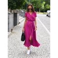 thumbnail image 3 of Women Floral Print Long Dresses Summer Sexy V Neck Split Lace-up Dress Female Casual Elegant Short Sleeve Beach Dress Vestidos, 3 of 6