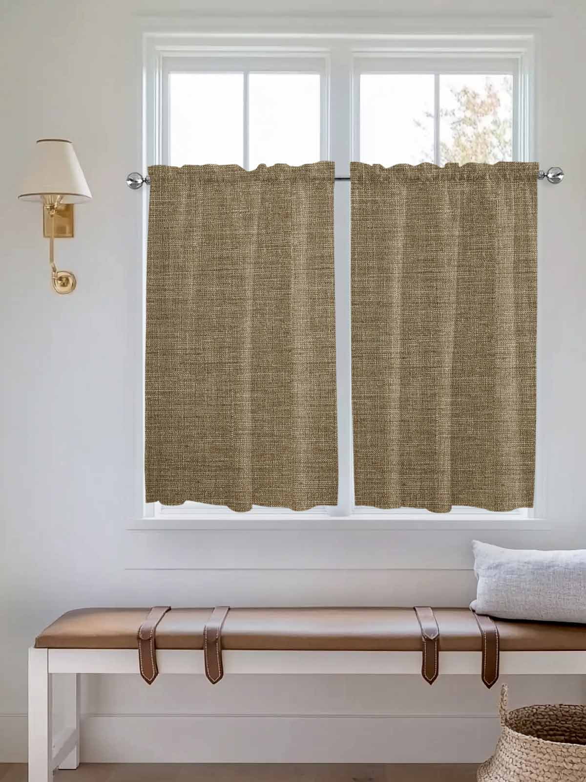 Brown Kitchen Curtains 54 Inches length, Farmhouse Burlap Solid Beige Color Modern Linen Texture Window Treatment Curtain Drapes, Decorative Window Curtains for Bedroom Cafe, 52"x54", 2 Panels