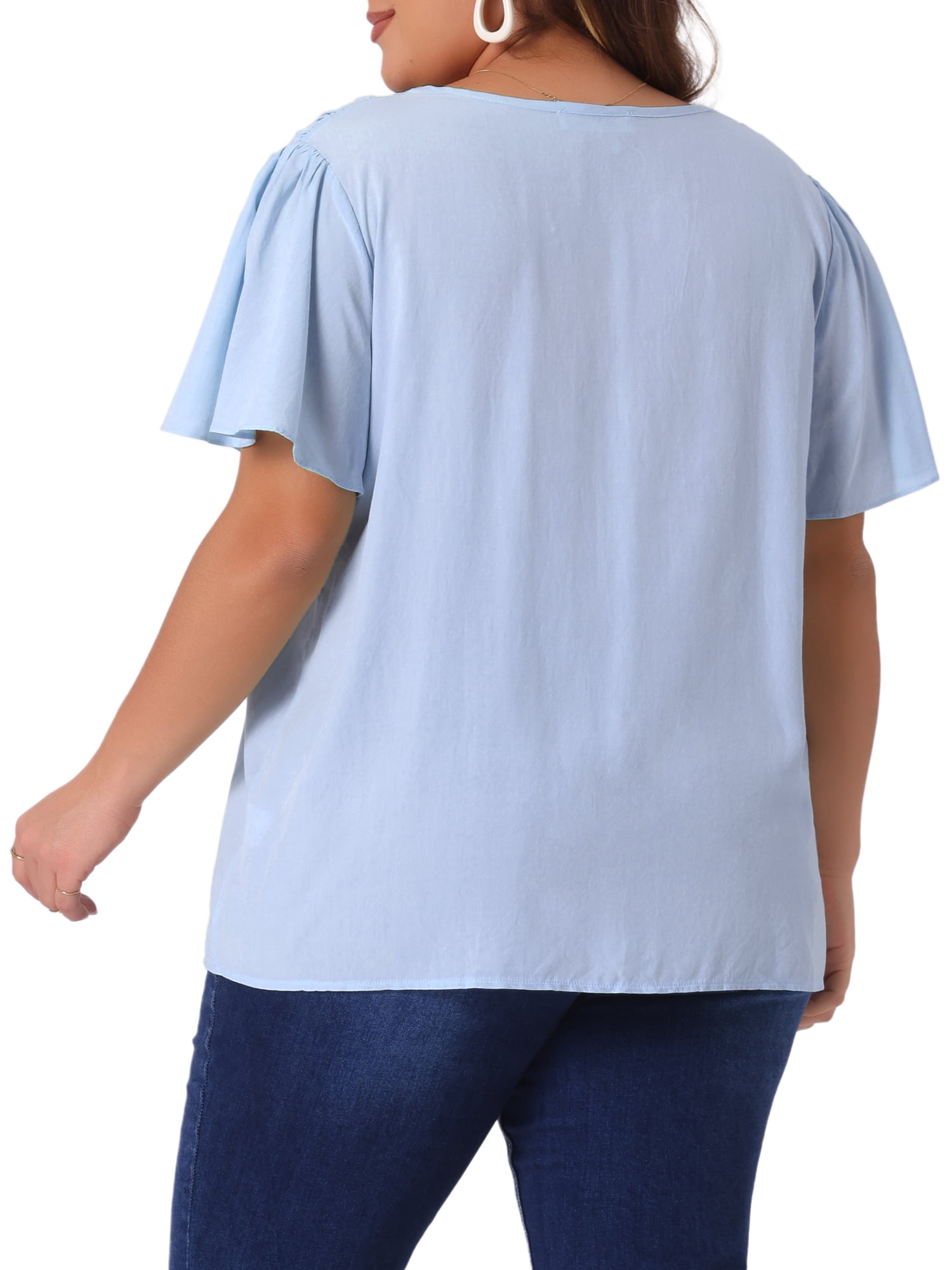DARING DIVA Women's Plus V Neck Ruffle Sleeve Smocked Shoulder Blouse 3X Blue