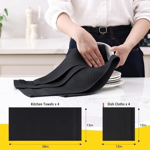 Kitchen Towels and Dishcloths Set, 12 x 12 and 13 x 28 Inches, Set of 12 100% Cotton Waffle Weave Kitchen Towels, Super Soft and Absorbent Dish Cloths, Black
