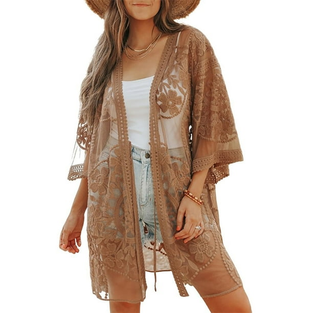 Bsubseach Women Sexy Lace Long Sleeve Swimsuit Embroidery Beach Kimono