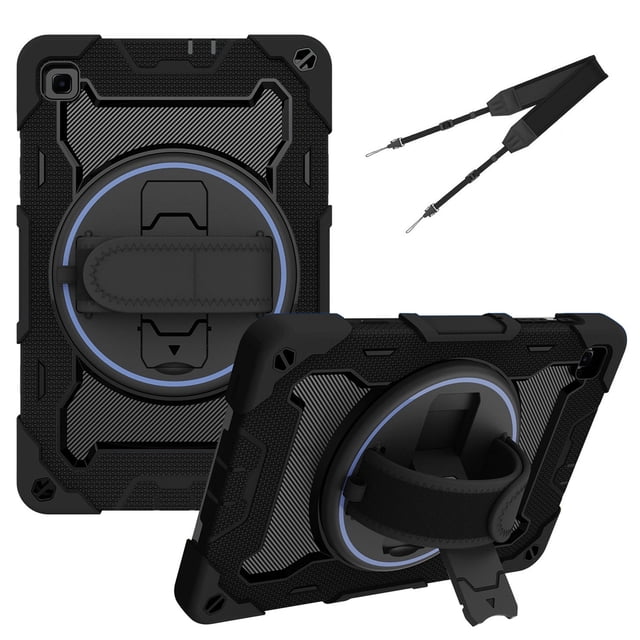 XYX 3in1 Rotating Stand Case for Samsung Galaxy Tab S6 Lite 10.4 inch with Hand/Shoulder Strap, Shockproof Rugged, Black