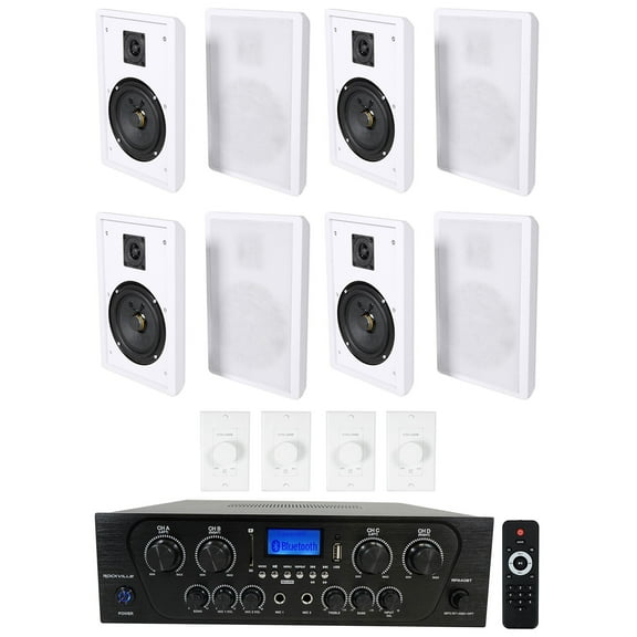 Rockville 4-Room Home Audio Kit Stereo 8) White Slim Wall Speakers Wall Controls