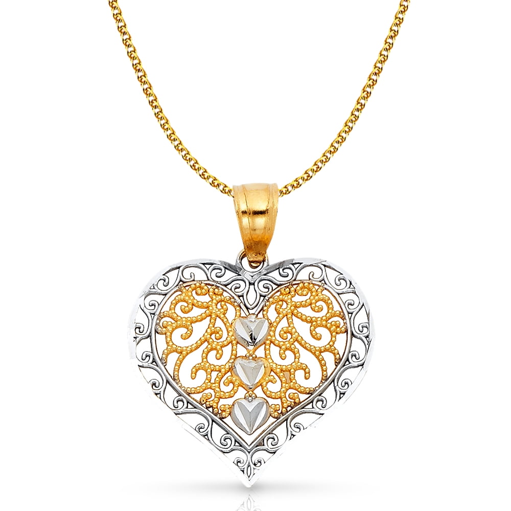 Ioka 14K Two Tone Gold Fancy Heart Charm Pendant with 1.2mm Flat Open