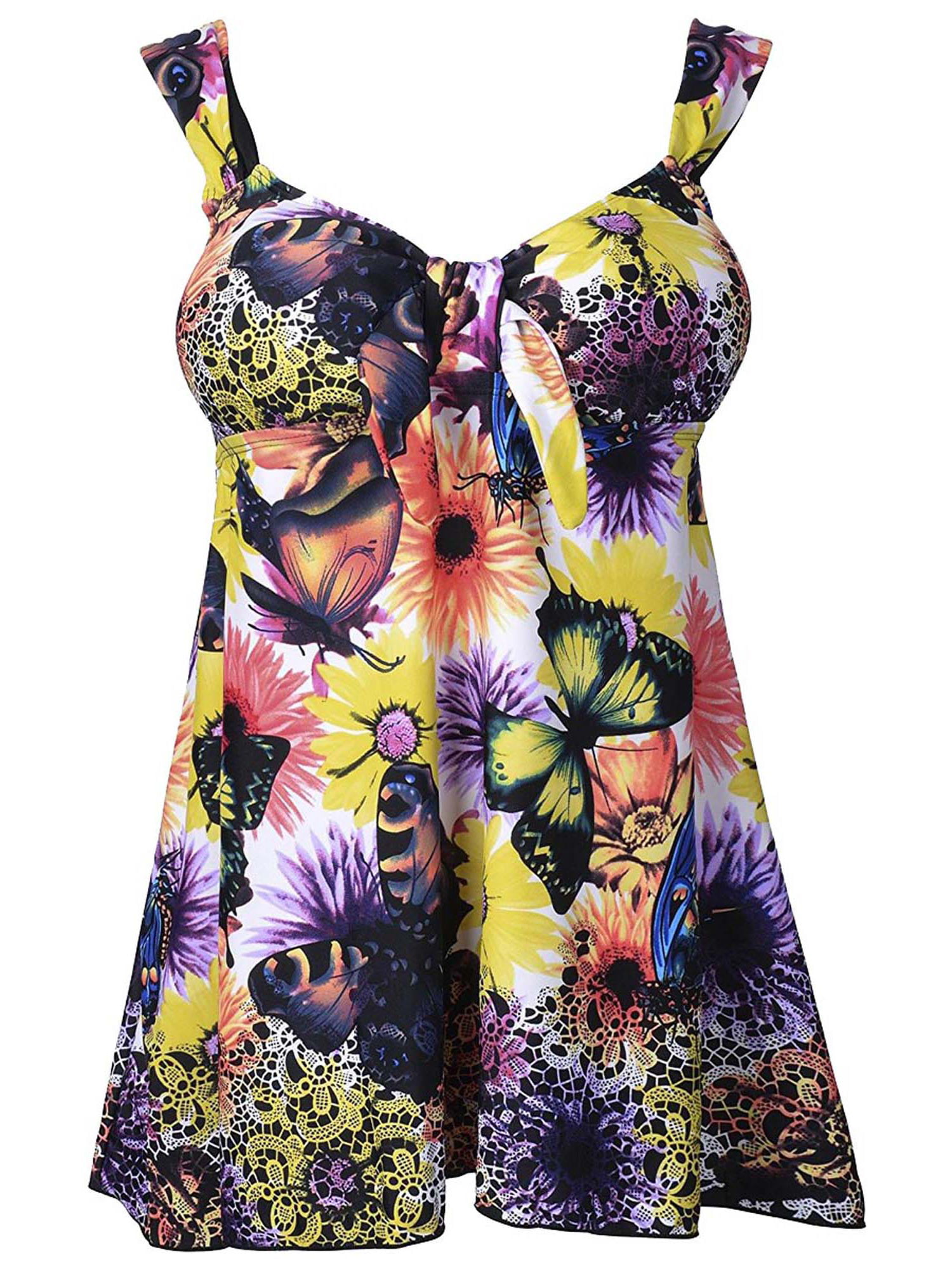 Pretty Plus Size Yellow Butterfly Print Swimdress Style Swimsuit ...