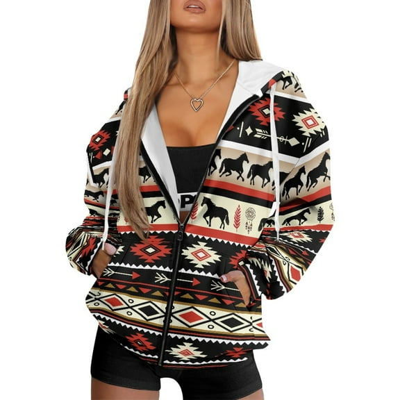 FOR U DESIGNS Aztec Southwest Zip Up Hooded Jacket Women Oversized Cardigan Hoodies Size XS Hooded Sweatshirt Women with Front Zipper Lightweight Long Sleeve Activewear