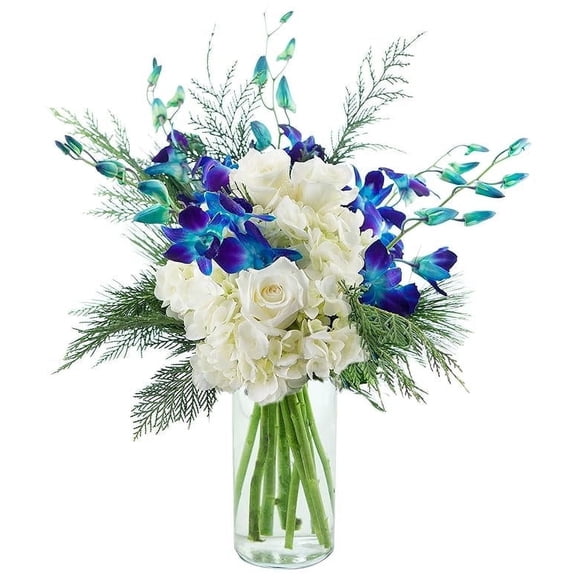 KaBloom : 1 White Hydrangeas, 3 White Roses, 5 Blue Dendrobium Orchids, 6 greens in vase.
