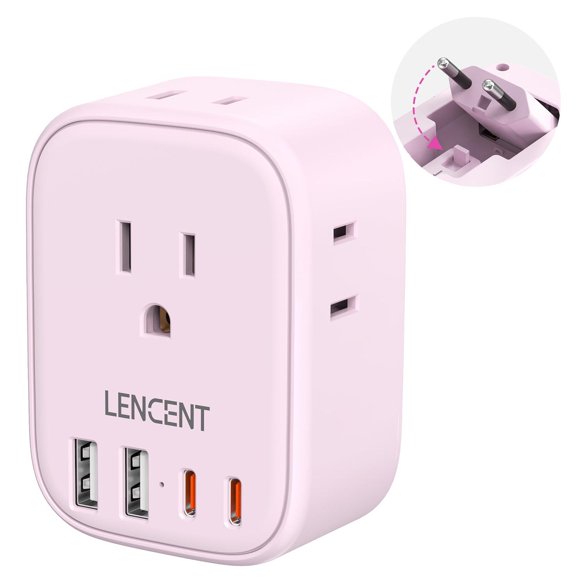 Adaptador Europeo Plegable LENCENT Rosado con 4 Salidas y 4 Puertos USB (2 USB C) para Alemania, Esp