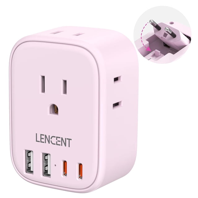 Adaptador Europeo Plegable LENCENT Rosado con 4 Salidas y 4 Puertos USB (2 USB C) para Alemania, Esp