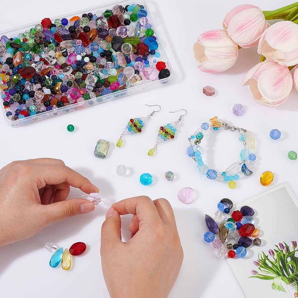 1200pcs+ Assorted Faceted Glass Beads for Jewelry Making Mixed Shapes Spacer Loose Beads Mixed Color Beads for Bracelets Necklaces Crafting Beads Supplies 450g Hole: 1-1.6mm