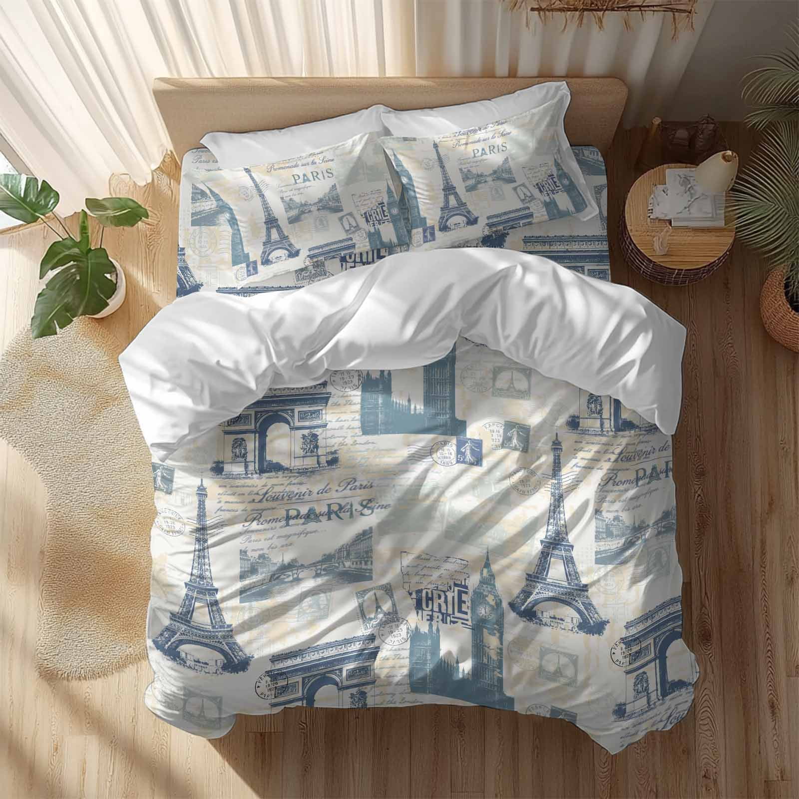 Vintage Art California King Duvet Cover Set, International Buildings Paris Towers Blue Grey 4 Piece Microfiber Bedding Set with Zipper Closure, Bed Sheet and 2 Pillow Shams, Soft Bedding Cover