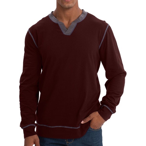 Camiseta de manga larga con cuello en V y costuras para hombre: estilo holgado de negocios, poliéster/spandex, informal y moderno, comercio exterior, ajuste regular
