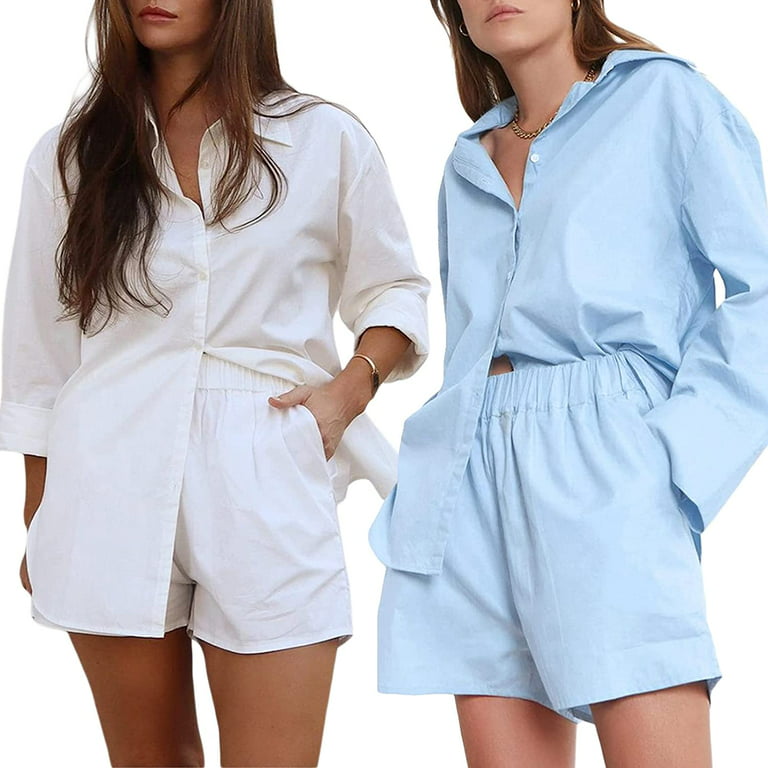 DanceeMangoos Women Loose 2 Piece Set Long Sleeve Button Down Shirt Sweat  Shorts Summer Fall Lounge Outfits 