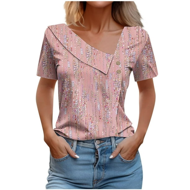 Tops de Algodón para Mujeres Cuello en V Casual de Manga Corta, Imitación Algodón Primavera Y Blusa de Verano