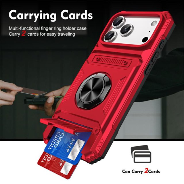 For Apple iPhone 17 Pro Phone Case with Finger Ring Holder Kickstand, Card Slots,Heavy Duty Shockproof Rugged Protective Working with Magnetic Car Phone Mount,Red,For iPhone 17 Pro