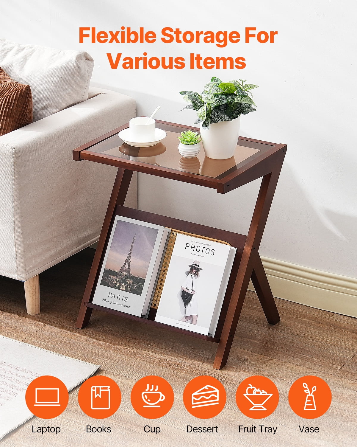 KFFKFF Bamboo Coffee Table, Contemporary Z-Form Rattan Weaved Table with Reinforced Glass Surface, 20” Bohemian Style Storage Table with Authentic Bamboo Stands, Suitable for Lounge, Bedroom