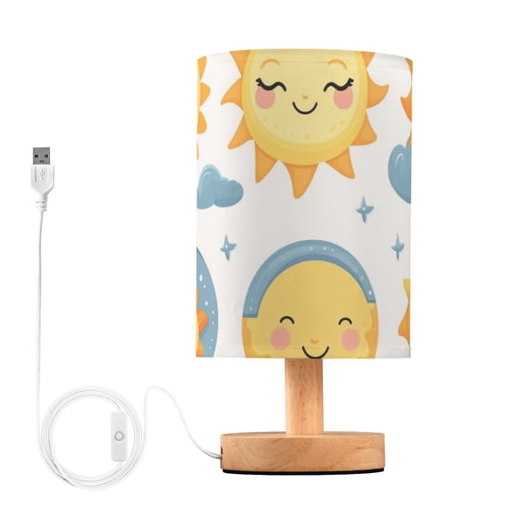 Sun Clouds Stars Table Lamp USB Bedside Desk Nightstand Lamp Printed Gifts Small Lamp Wood Base for Bedroom Living Room Kids Room College Dorm