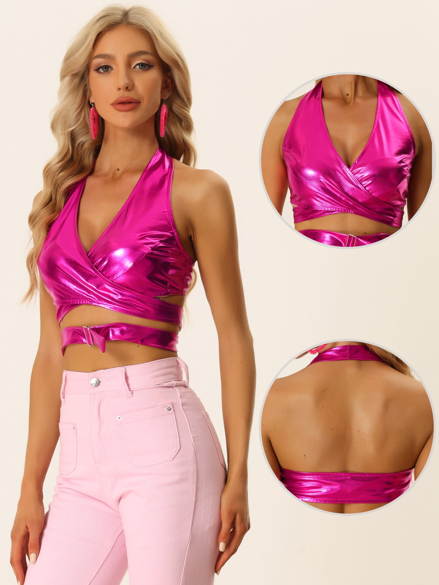 DARING DIVA Women's V-Neck Backless Metallic Crop Tops S Hot Pink