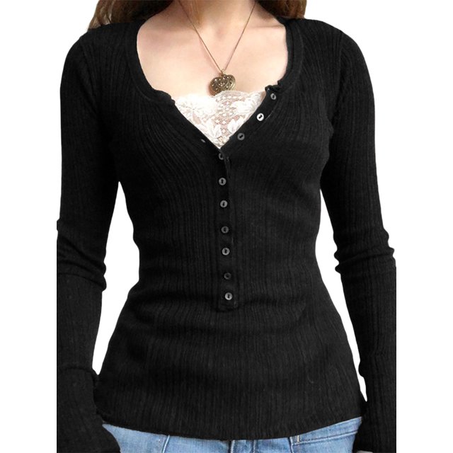 Gupgi Women Slim Pullover Button Front Knit Tops Long Sleeve Lace Patchwork T-Shirts