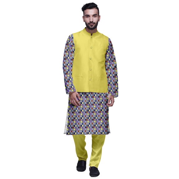 Atasi Mandarin Collar Traditional Kurta Pajama With Solid Jacket Set For Mens