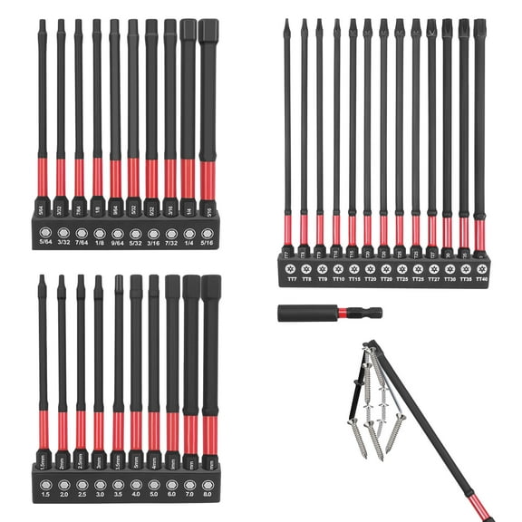 Grusce 34PCS Allen Wrench Drill Bit Set with Magnetic Tips, 20PCS 4" Hex Screwdriver Bits (Metric & SAE), 13PCS 6" TT7-TT40 with 1/4" Hex Shank, S2 Steel CNC Machined Extension Socket and Storage Box