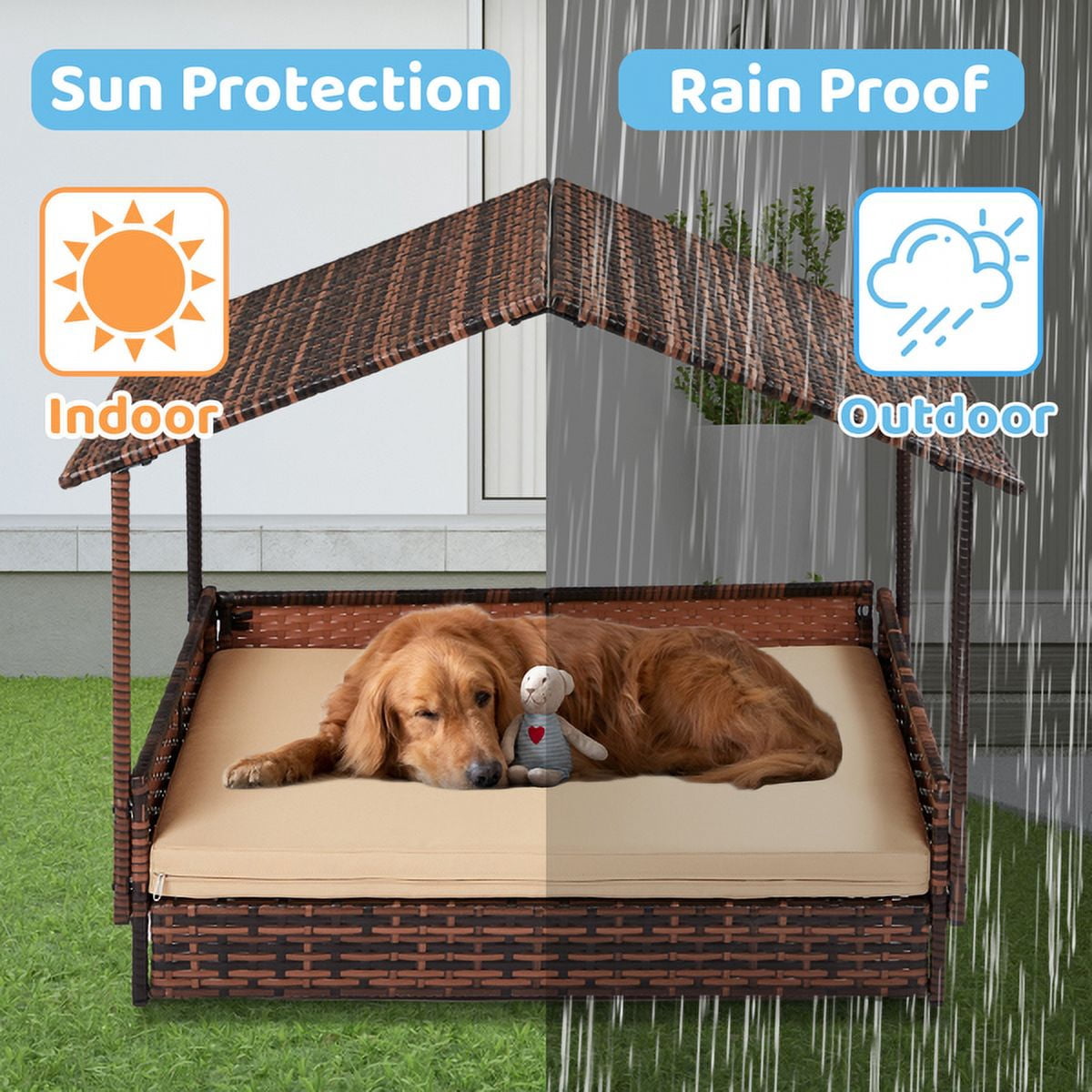 Dog House, Elevated Rattan Dog Bed with Canopy and Washable Cushion Cover, Indoor Outdoor Raised Pet House for Small Medium Dogs Cats, Brown