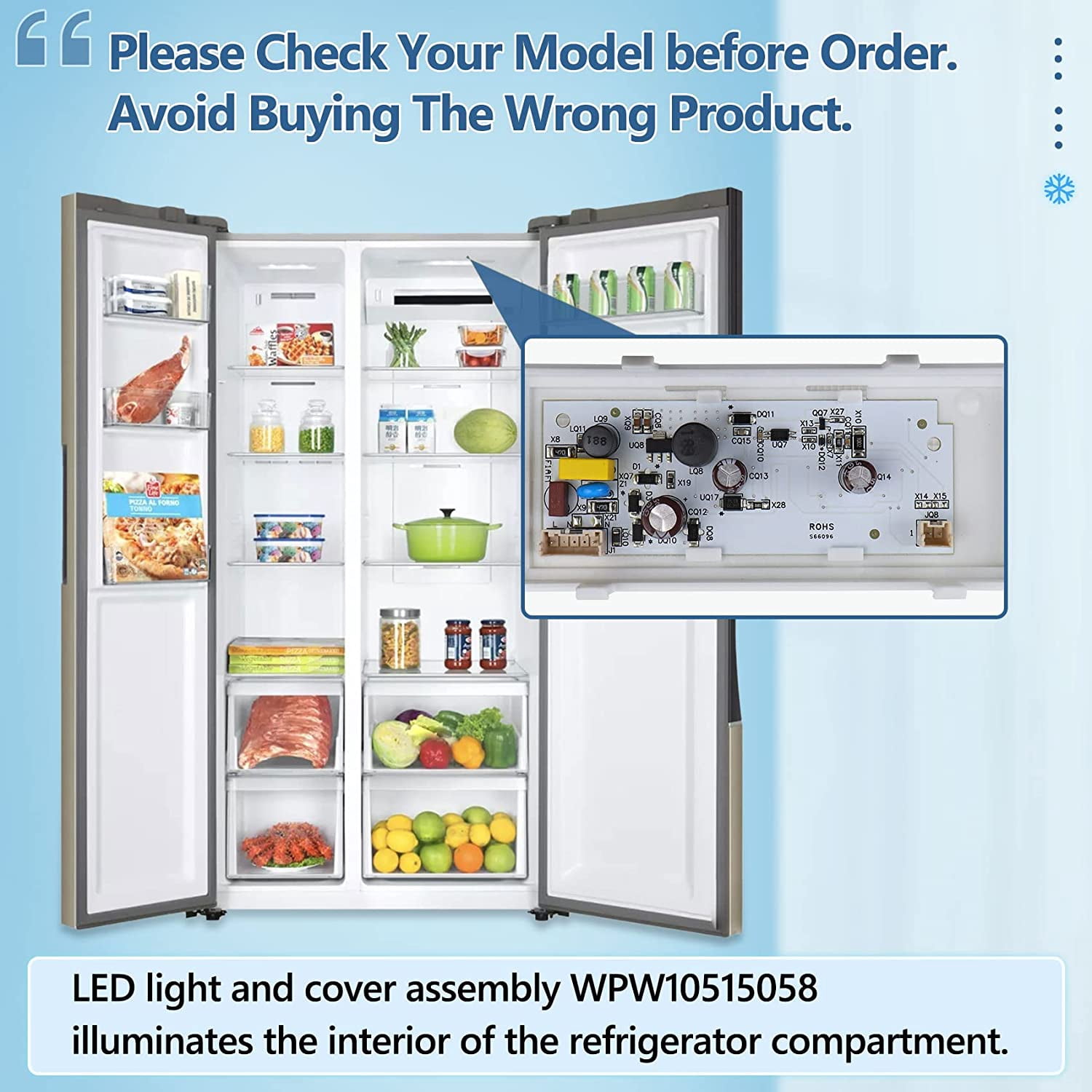 New W10515058 for Whirlpool Refrigerator Light,WPW10515058 Whirlpool Refrigerator Light,WRS325FDAM 04,W10522611 W10465957 PS11755867,Compatible WRS325FDAM04/02,Figure 5 for More