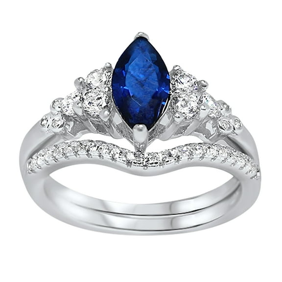Wedding & Engagement Ring Set for Women Sterling Silver Simulated Blue Sapphire CZ Size 5