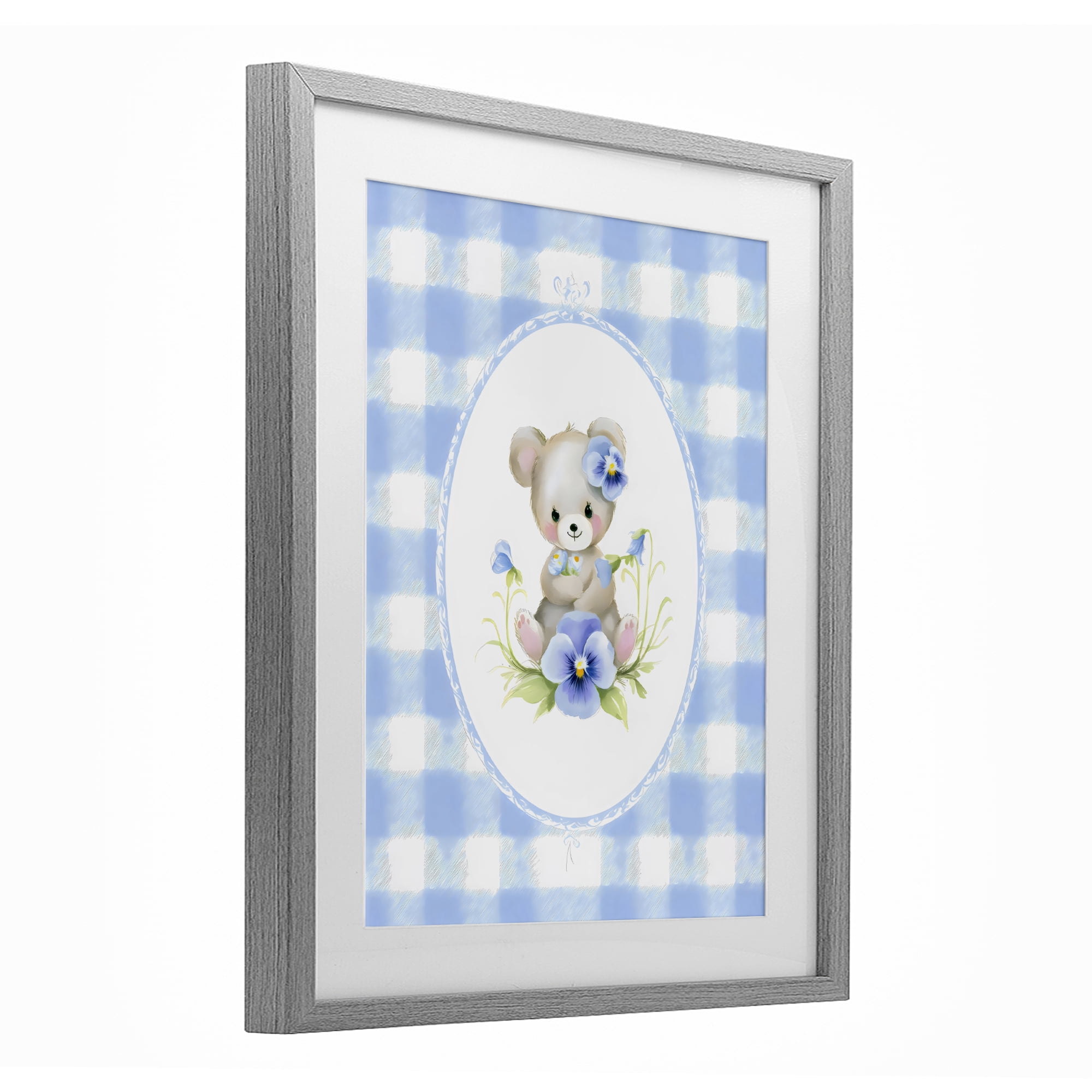Stupell Industries Little Bear Blue Gingham Gray Framed Print Under Glass, design by Arlington Prints