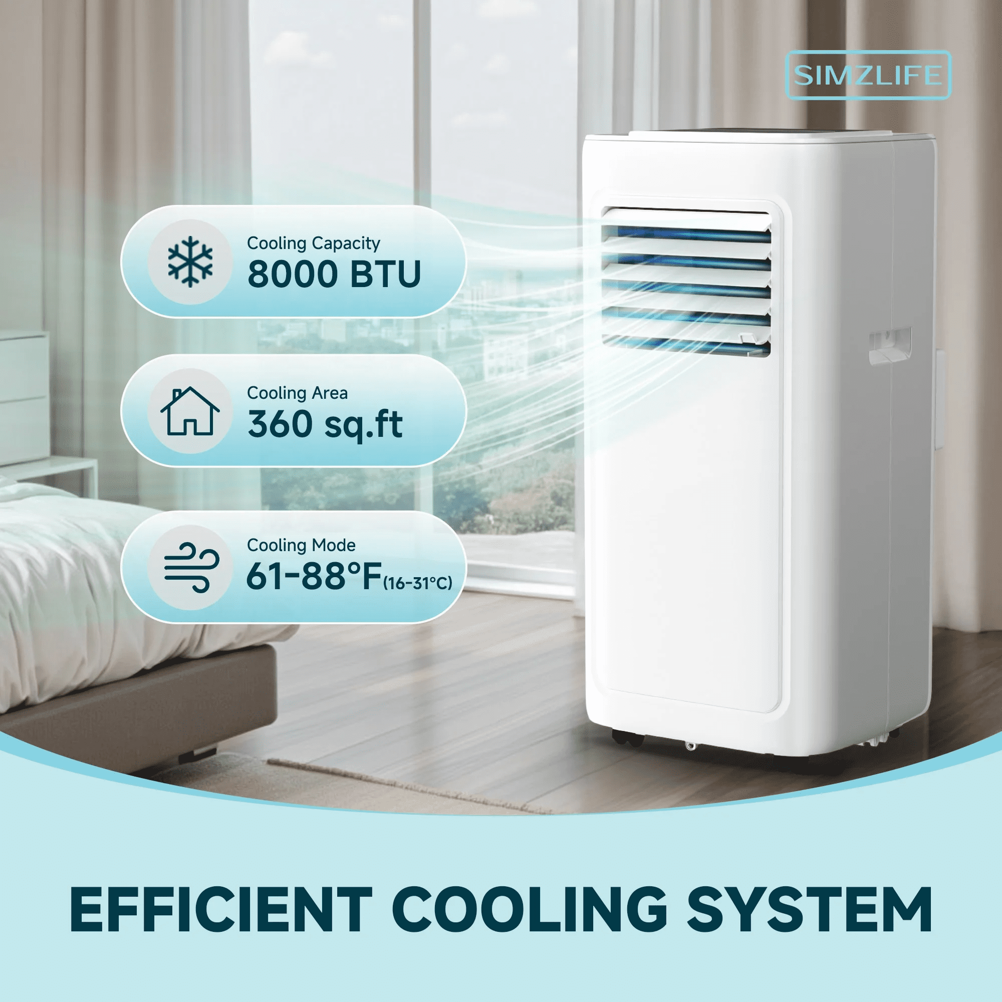 Simzlife 14,000 BTU Portable Air Conditioner - Indoor Portable Air Cooler with Remote Control, White