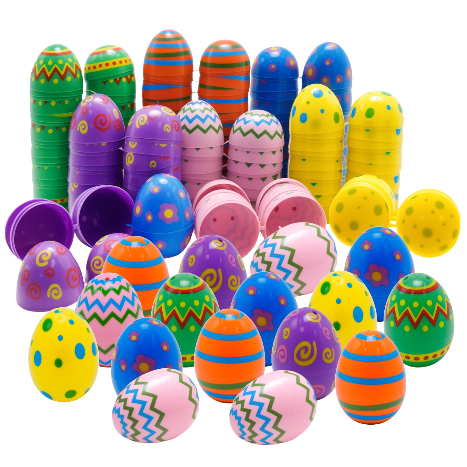 72Pcs Pre-Filled Plastic Easter Eggs 2.36", 6 Different Styles, for Easter Hunt, Party Favors, Classroom Prizes & Decor