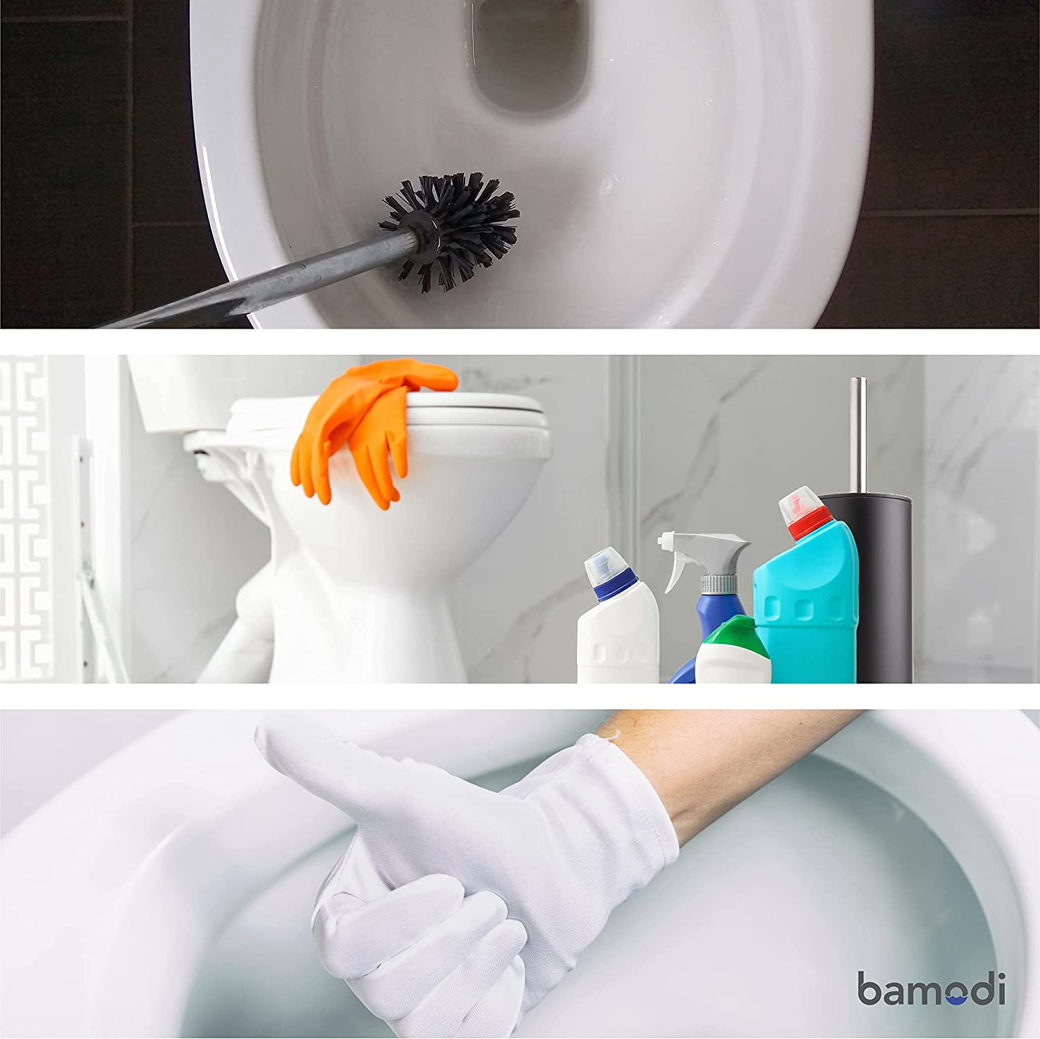 Bamodi Toilet Brush with Holder - Free Standing Stainless Steel Toilet  Brushes Including 3 Brush Heads - Closed Hideaway Design Scrubber Brush  with
