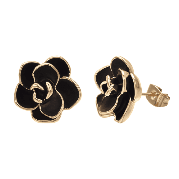 Yoursfs Rose Flower Stud Earrings Gold Plated Women's Danity Black Enamel Floral Pierced Earring Fashion Jewelry Gifts