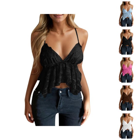 Crop Camisole Tops for Women Deep V Neck Spaghetti Strap Ruffle Flowy Backless Cami Tank Top Y2k Going out Tops